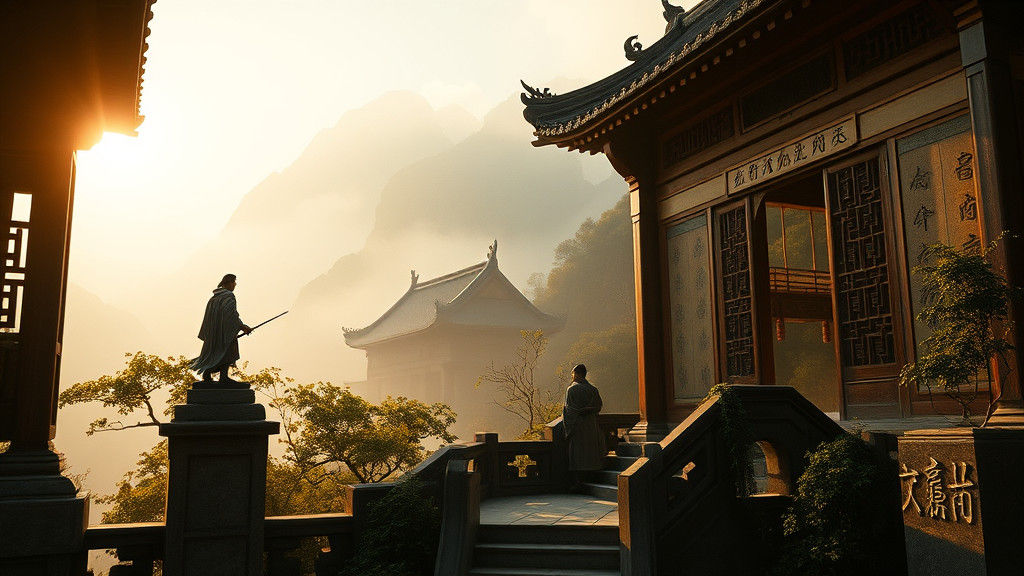 Figure in Misty Mountains of Ancient China