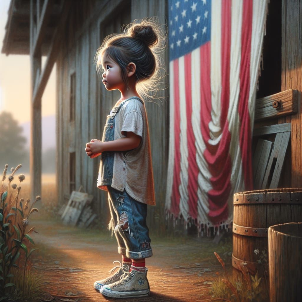 Girl and American Flag in Oil Painting Style