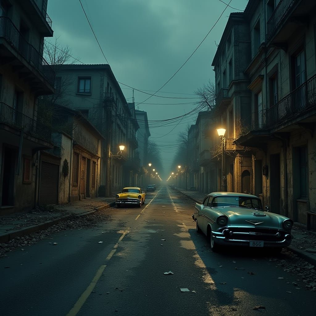 Uma cena pós-apocalíptica em uma cidade abandonada, capturada em um tom monocromático sombrio. Várias caixas de madeira ...