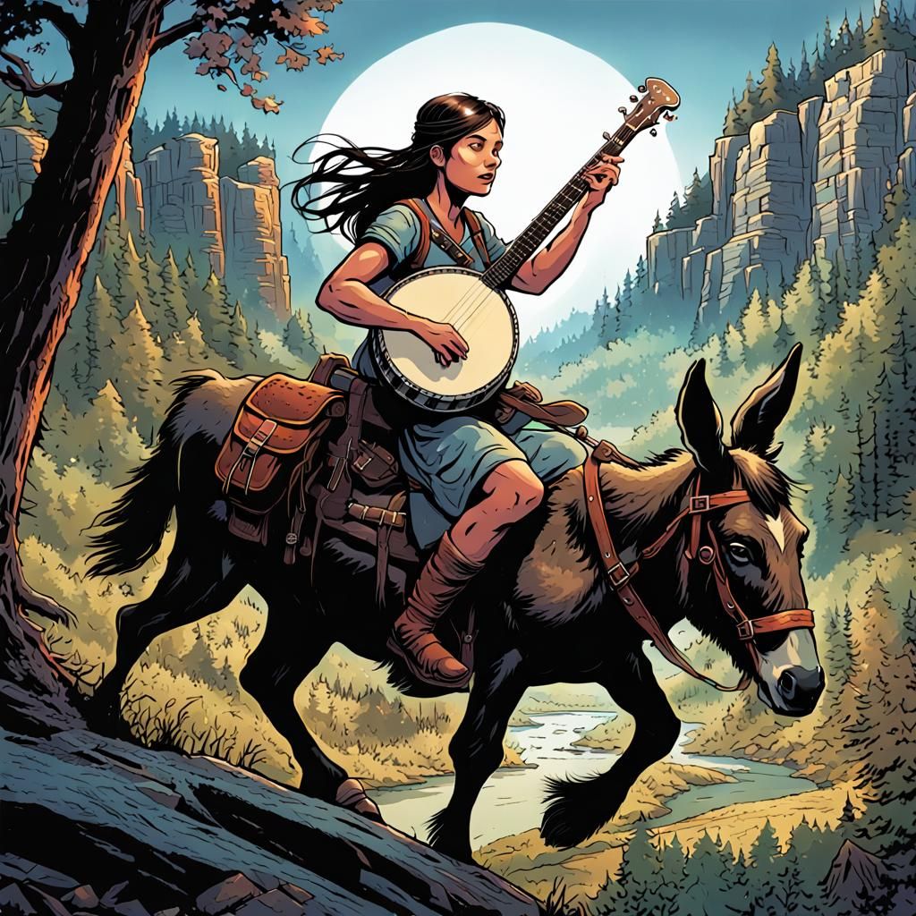 Hillbilly Woman Playing Banjo in Ozarks: Comic Book Art