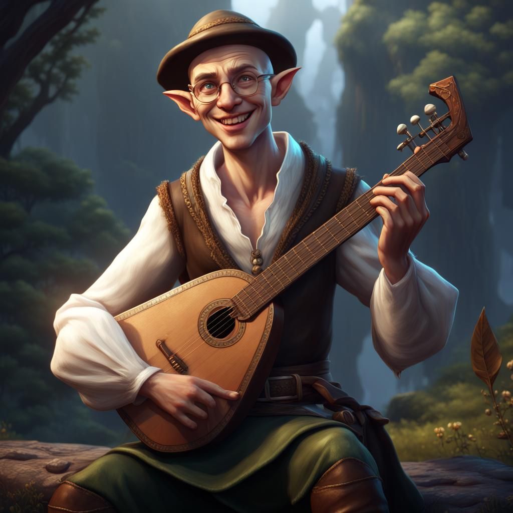 Happy Bald Elf Bard with Lute: Detailed Fantasy Art