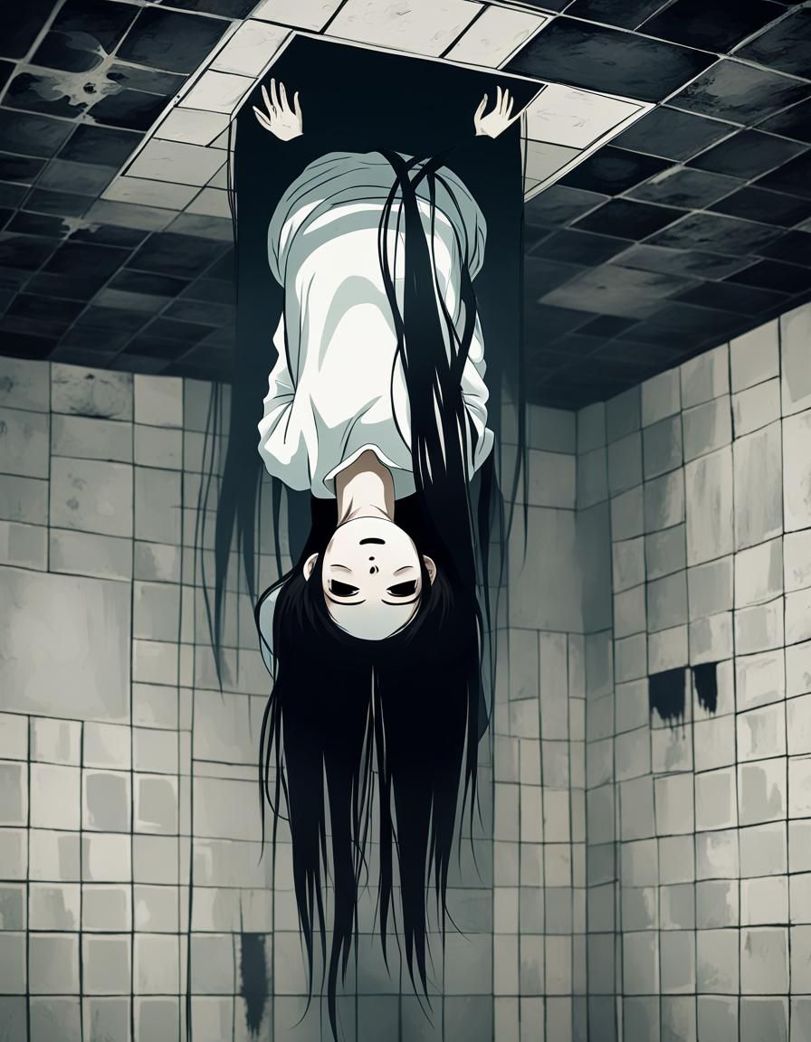 Spooky Ghost Girl Hanging in Dark Bathroom