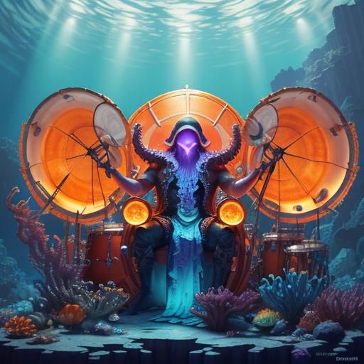 Octopus Drummer in Underwater Fantasy, Pixar Style