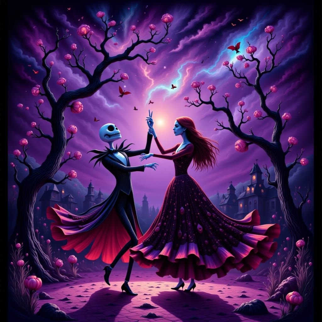 <lora:Fantastique:1.0> Un étrange BAL hanté se déroule au crépuscule, avec des petits fantomes Jack Skellington, vêtu d...