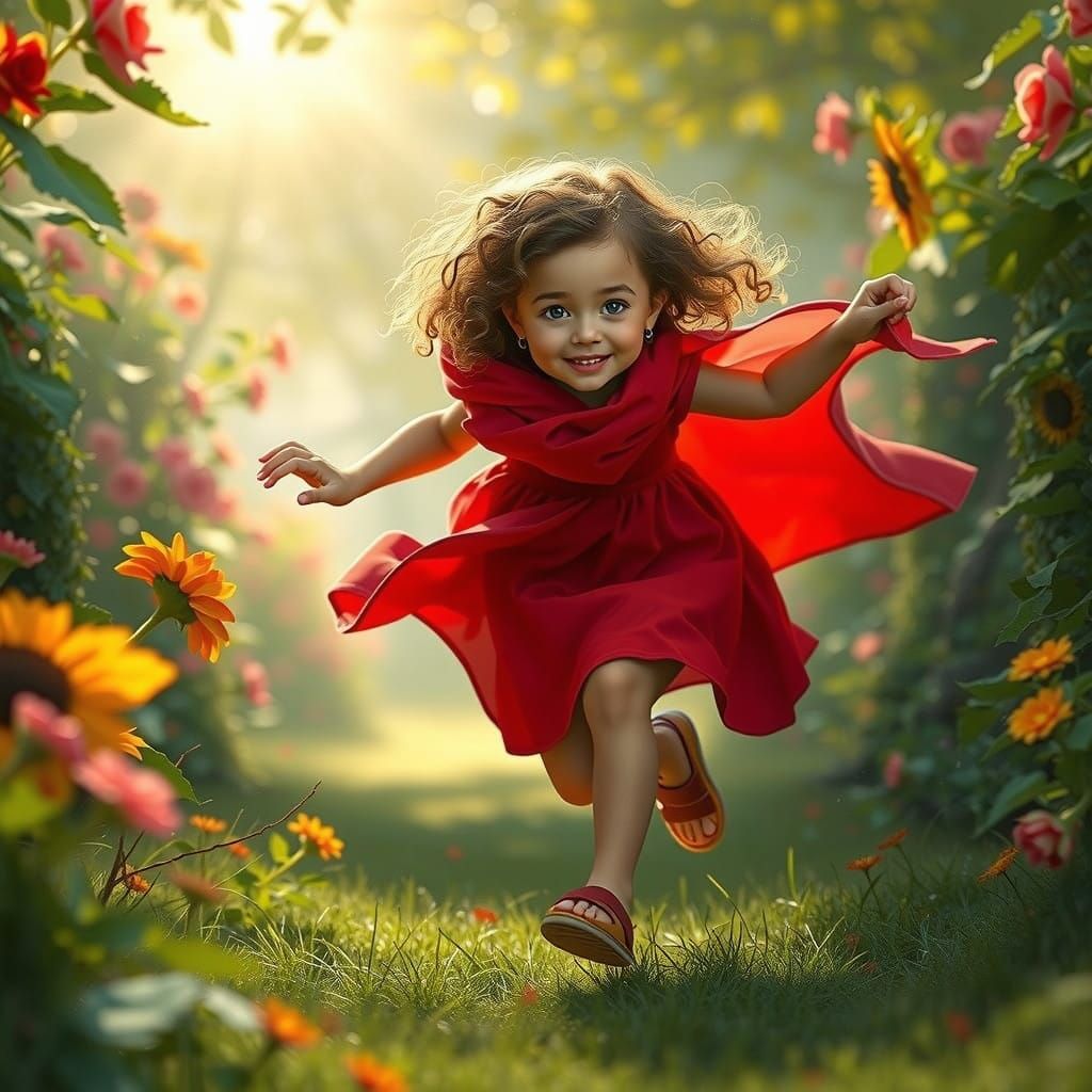 Whimsical Little Girl Runs Freely in a Lush Garden