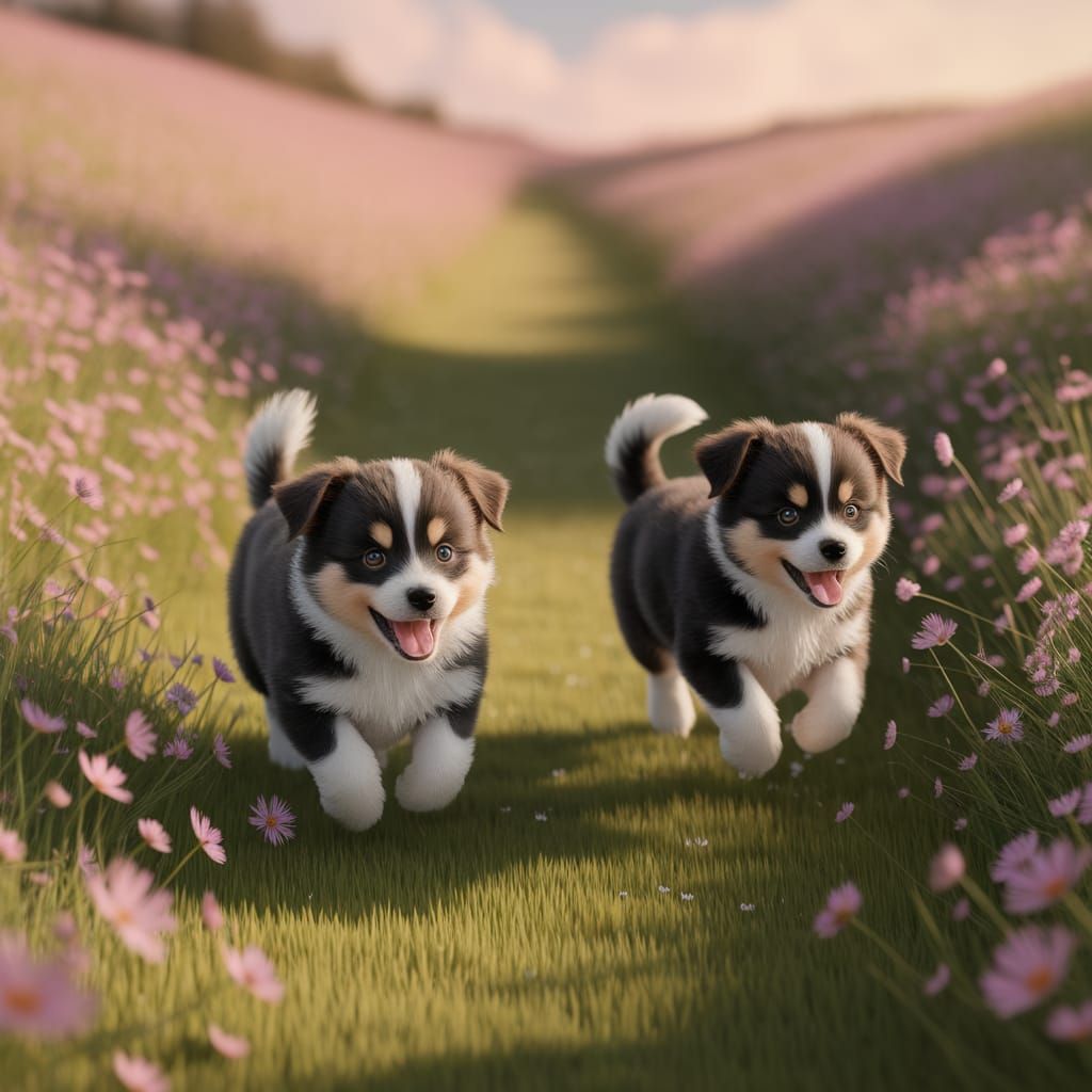 Adorable Puppies Play in a Sunlit Wildflower Meadow