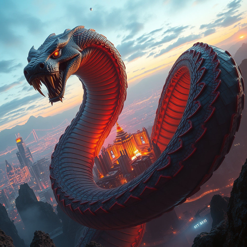 Giant Serpent About to Devour Miniature City