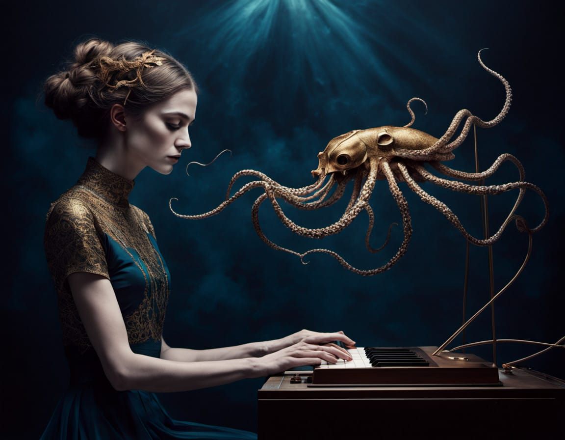 Mystical Octopus Plays Theremin Under Golden Spotlight