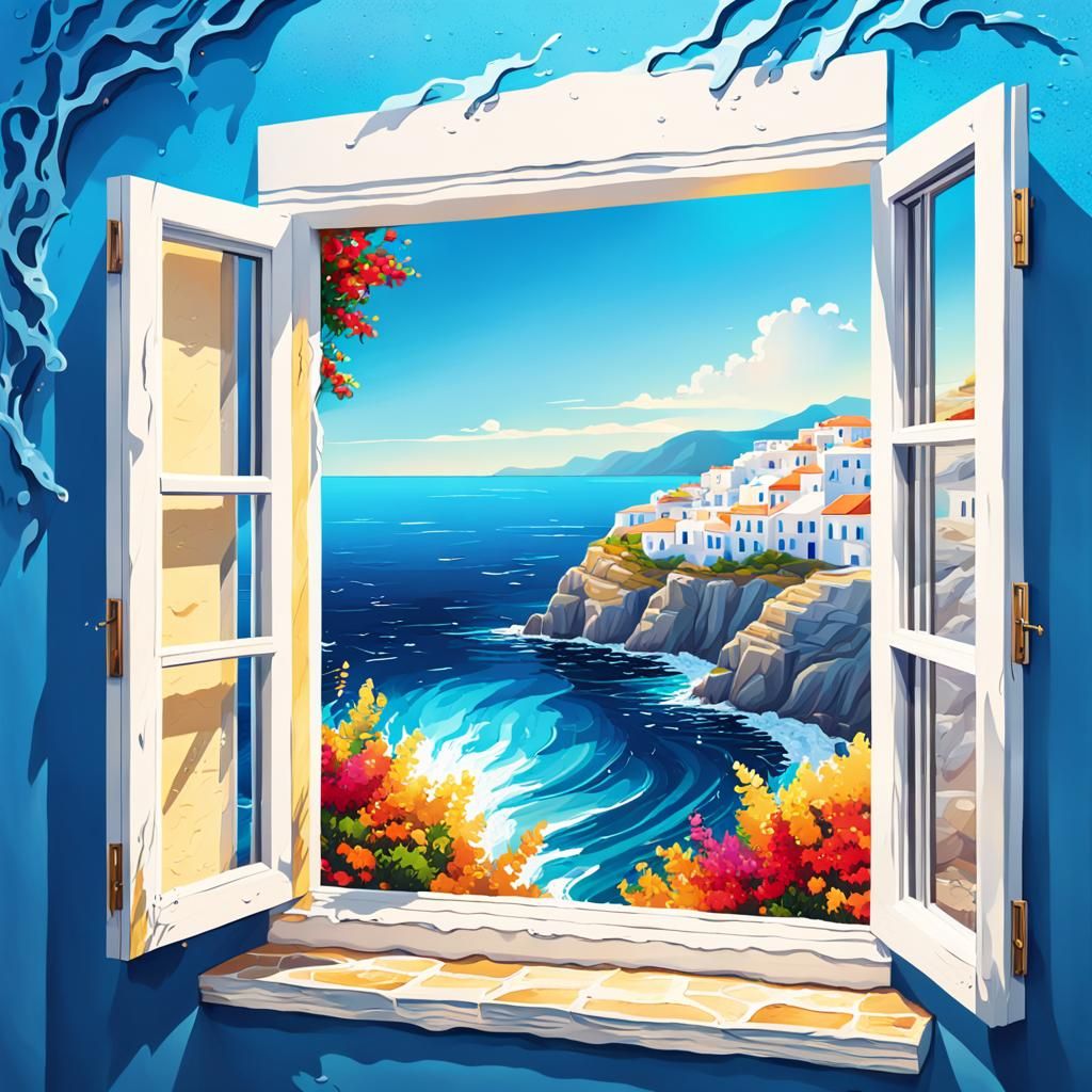 Greek Ocean View: Hyperrealistic Splash Art