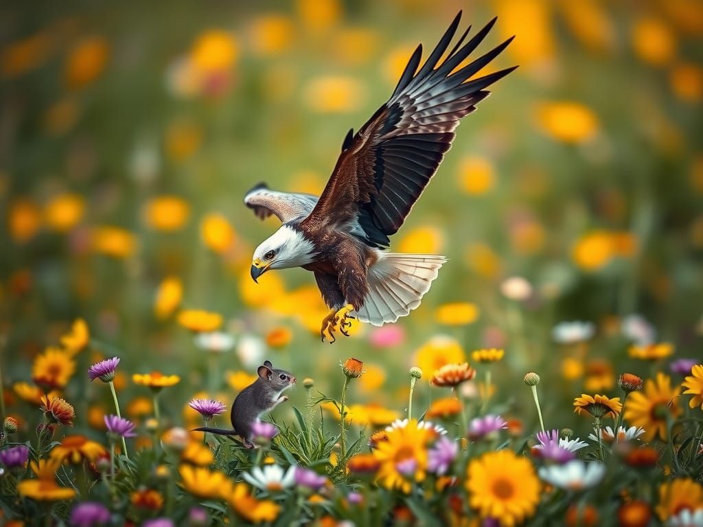 Eagle Captures Mouse in Wildflower Meadow