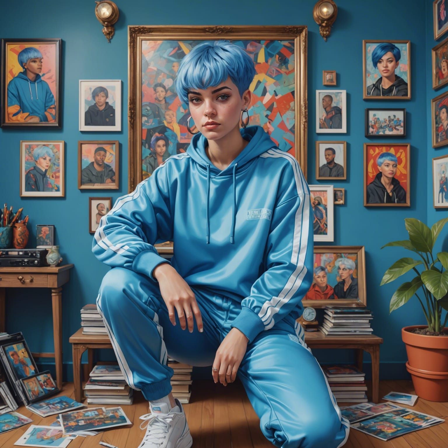 Hip-Hop Girl with Blue Hair in Maximalist Art Setting