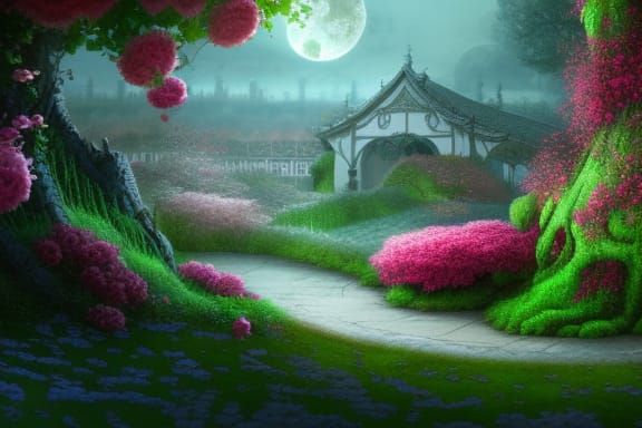 Secret Garden with Roses and Cherry Blossoms