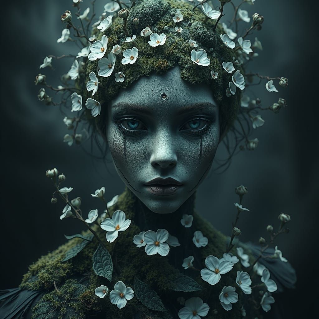 Dark Fantasy Goddess in Mossy Ruins