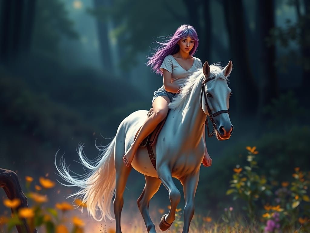 Violet-Haired Woman Rides Pony in Fantasy Style