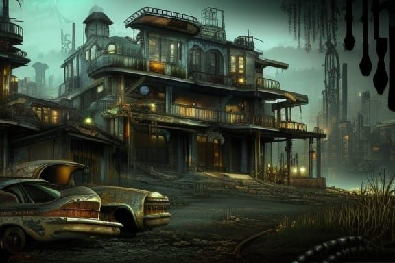 Dystopian Mansion in Junkyard: Detailed Matte Painting