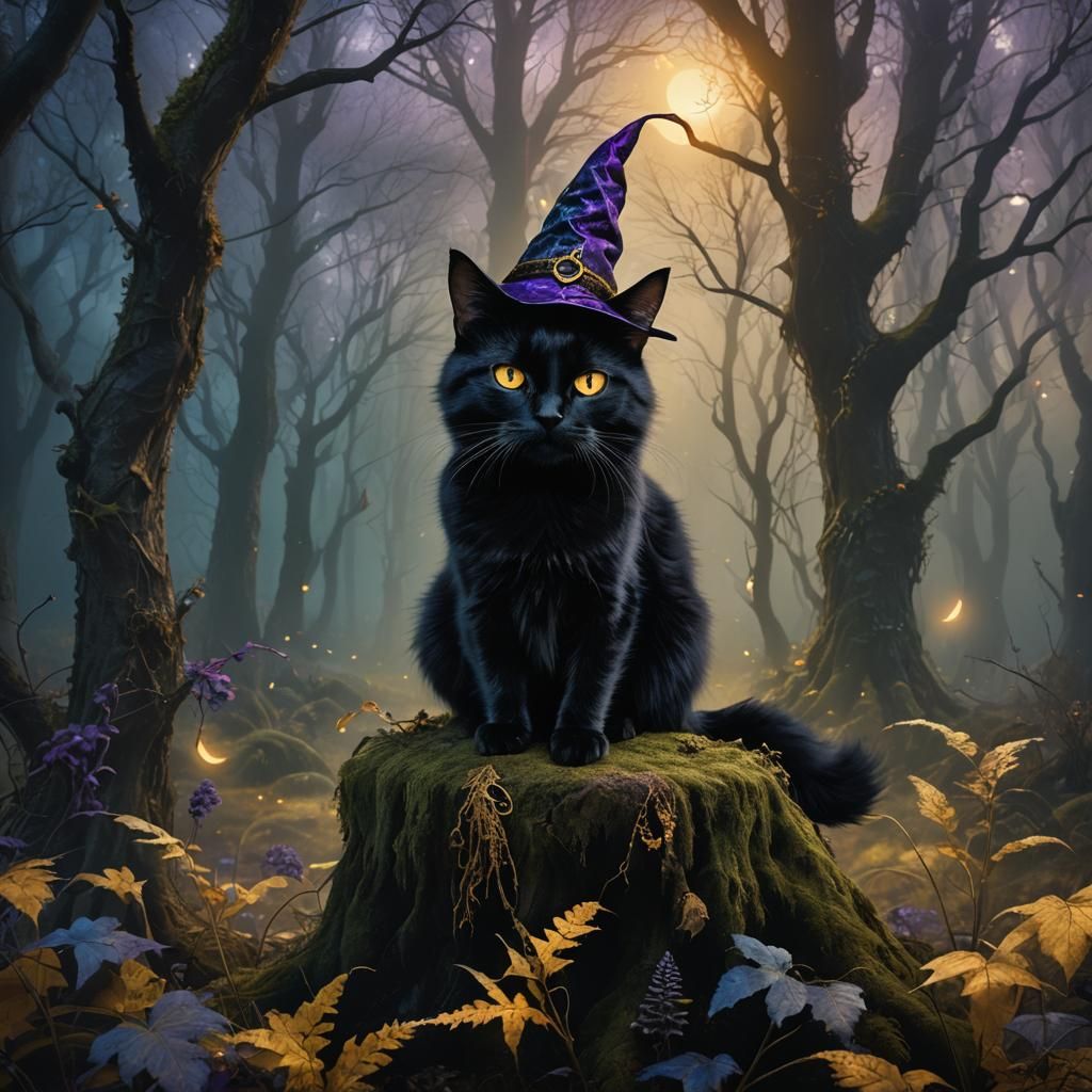 Mystical Black Cat in Forest Concept Art