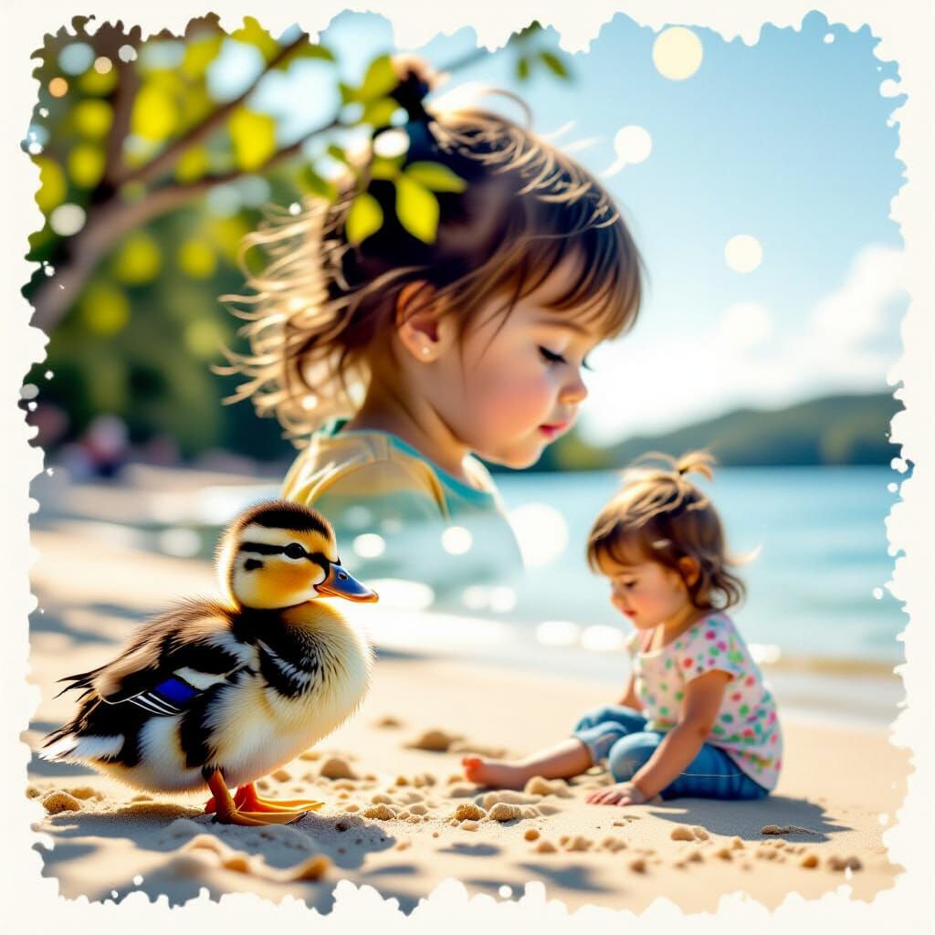 Whimsical Double Exposure: Duckling and Girl in Dreamlike Co...