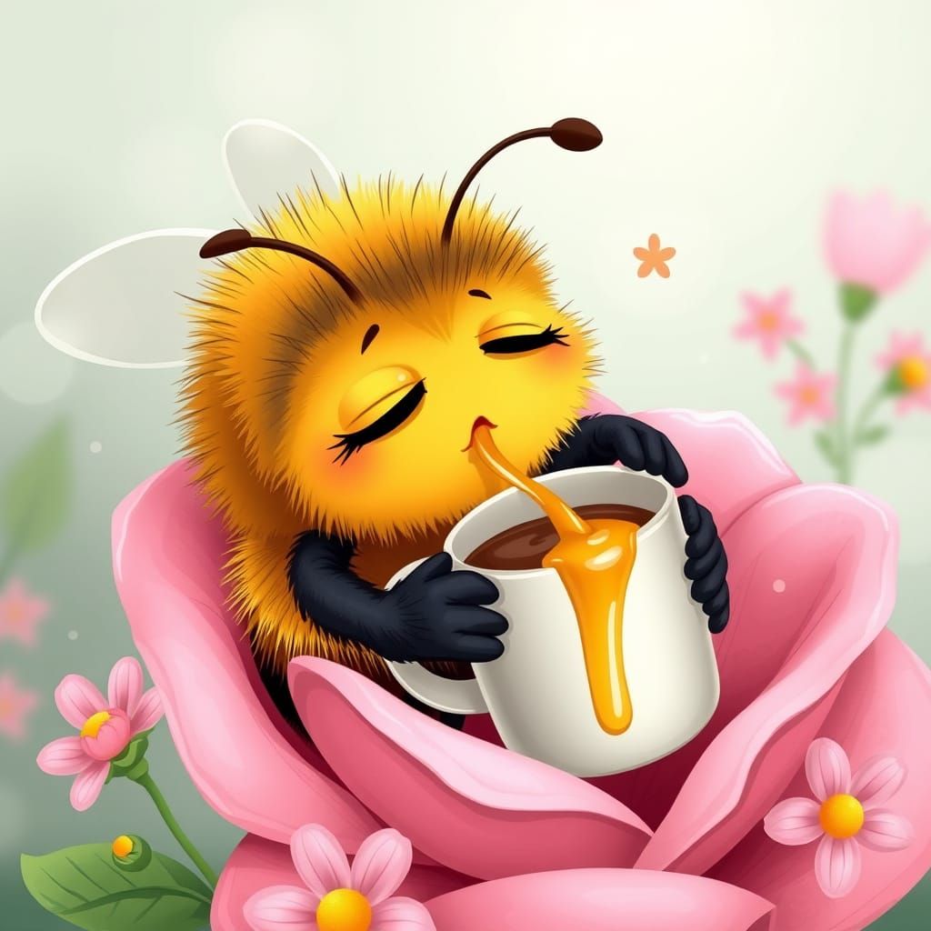Sleepy Bumblebee's Honey Coffee Break: Cartoon Illustration