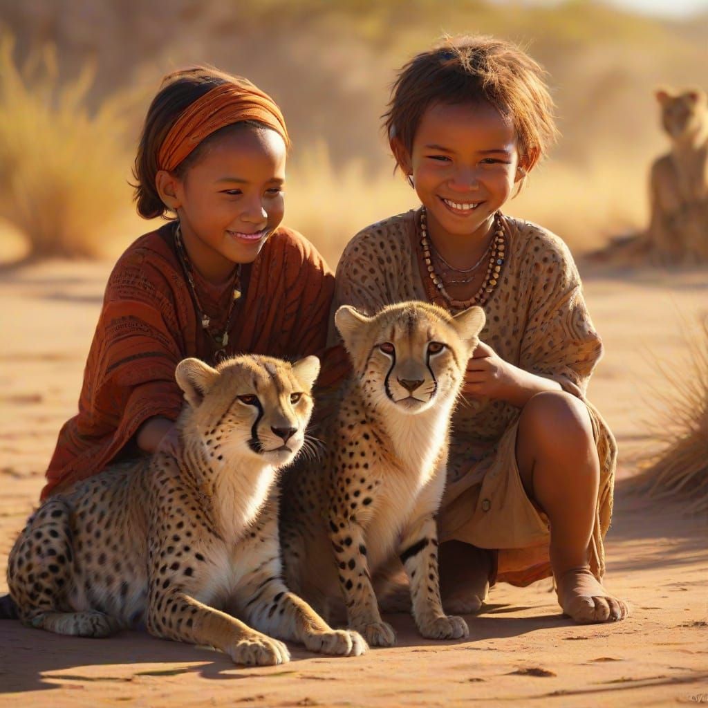 Sunny Khoisan Children Play with Cheetah in Traditional Afri...