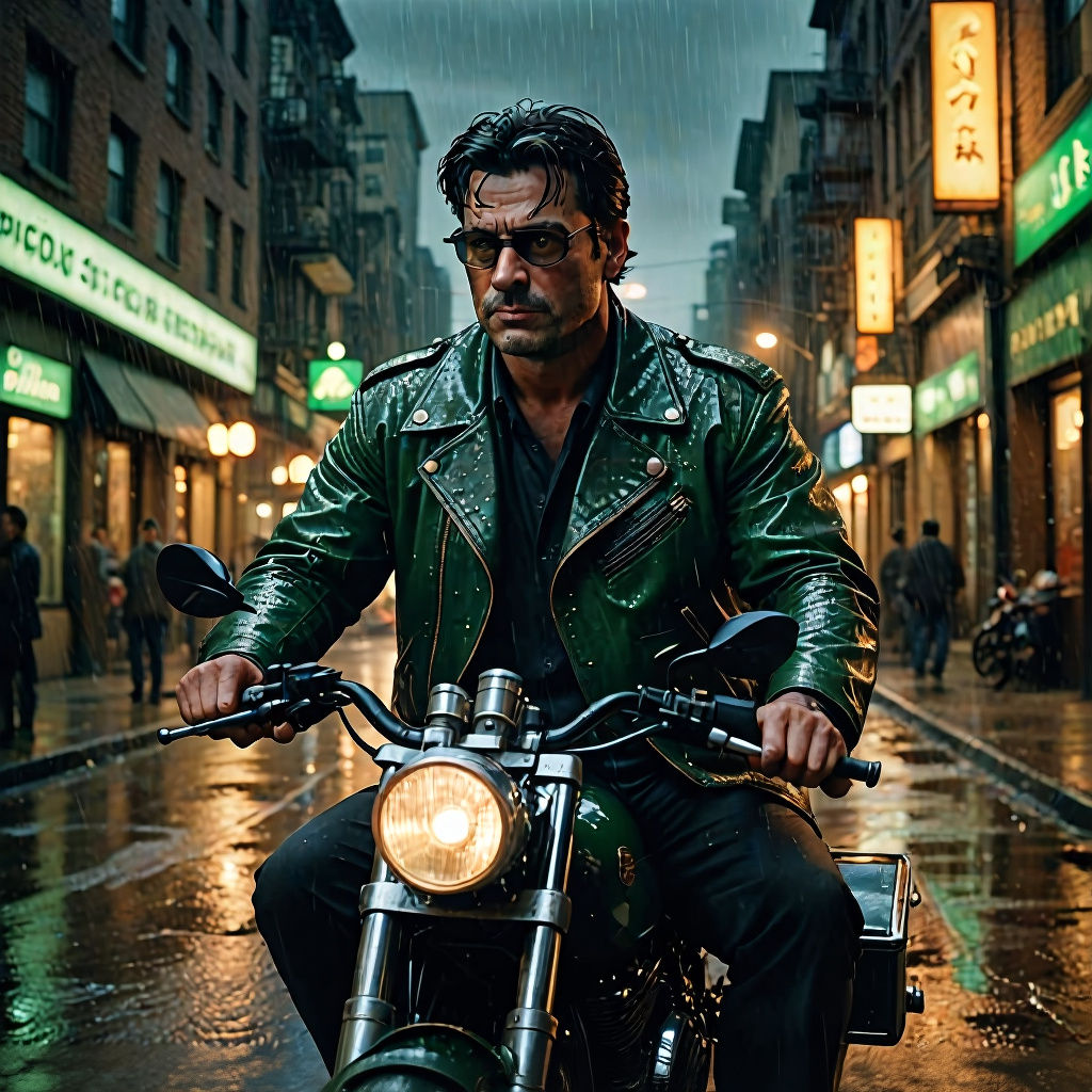 Intense Man on Motorcycle with Rhino Picture