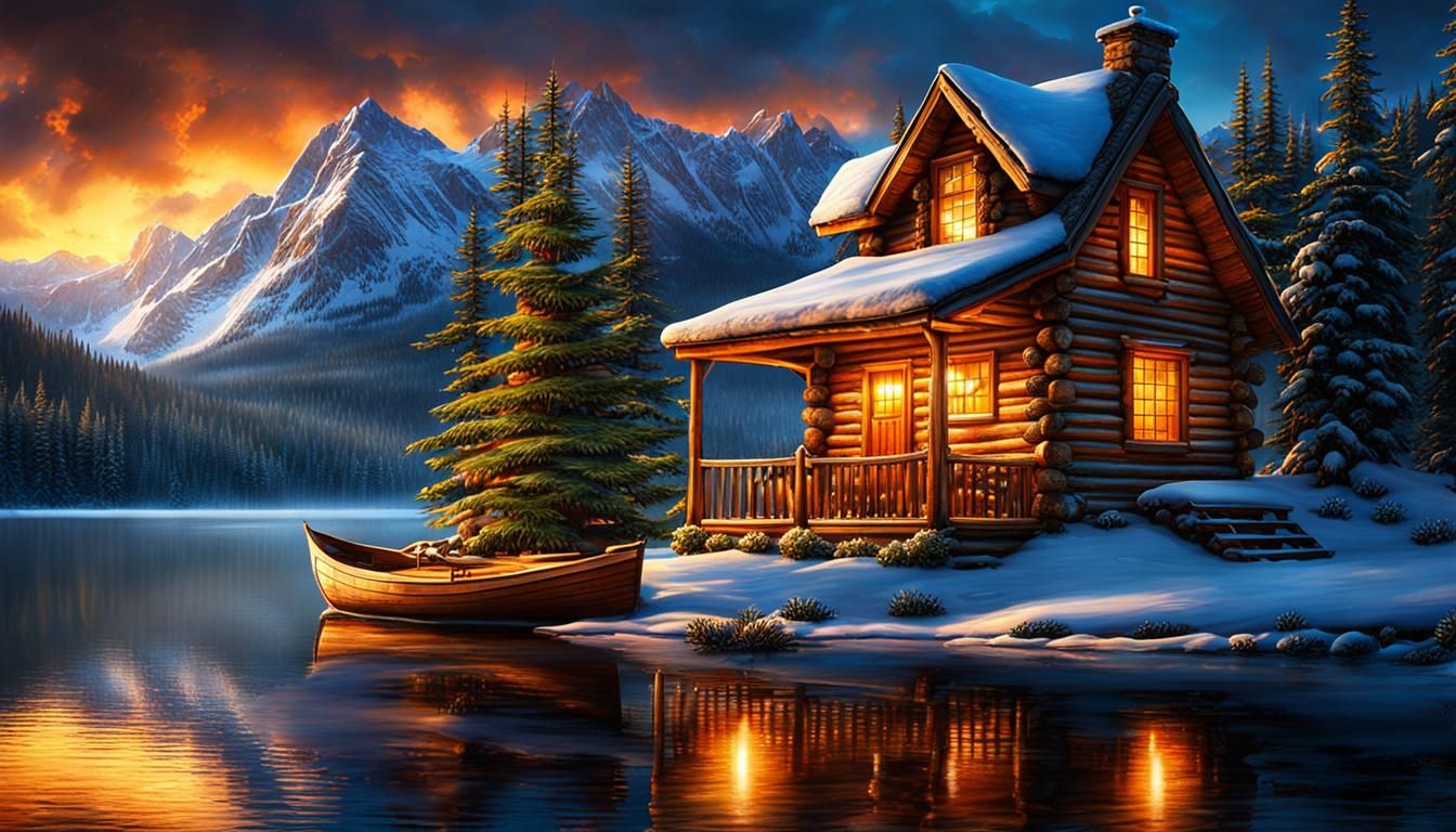 Rustic Cabin on Snowy Lake at Sunrise