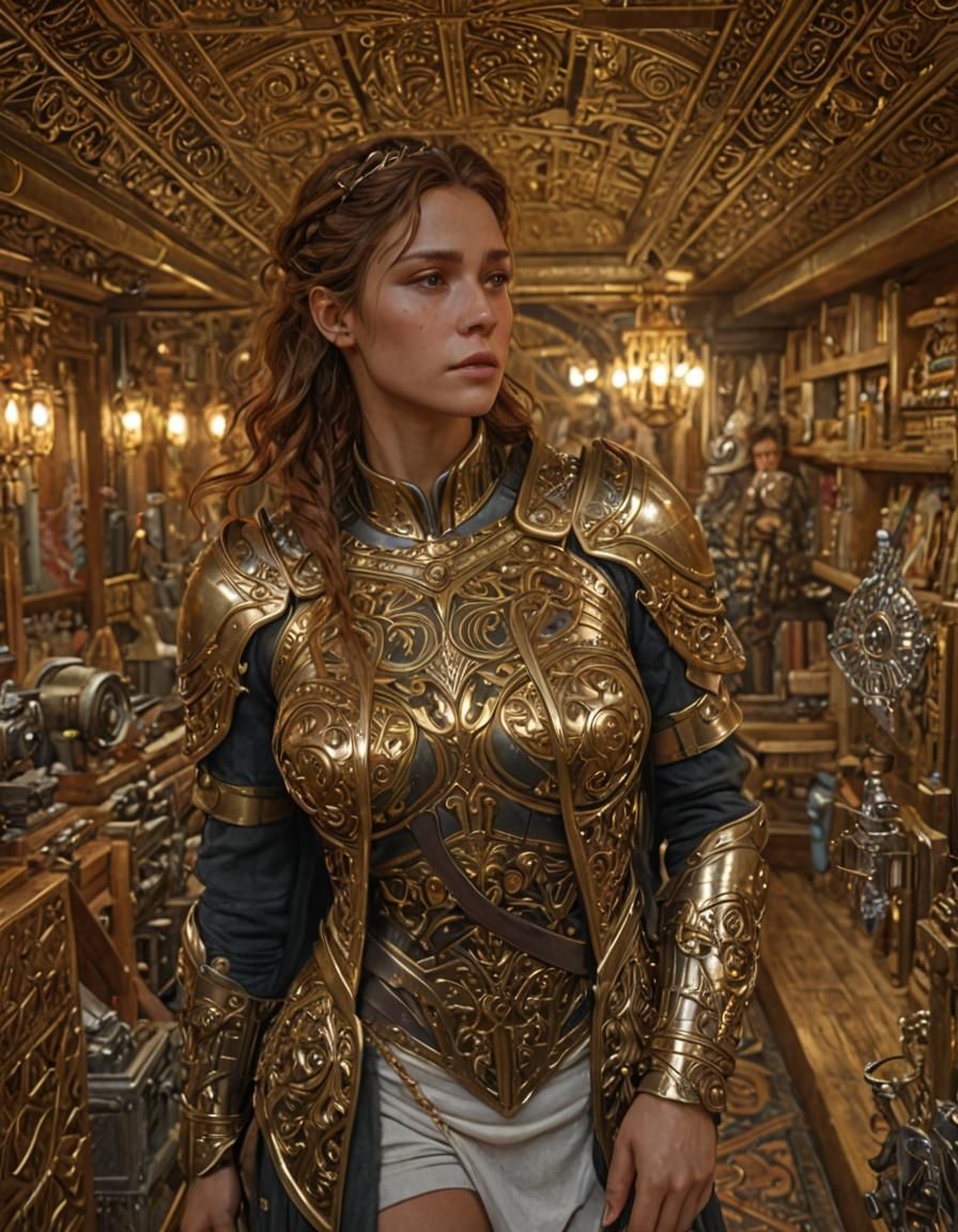 Armored Woman Portrait in Art Nouveau Style