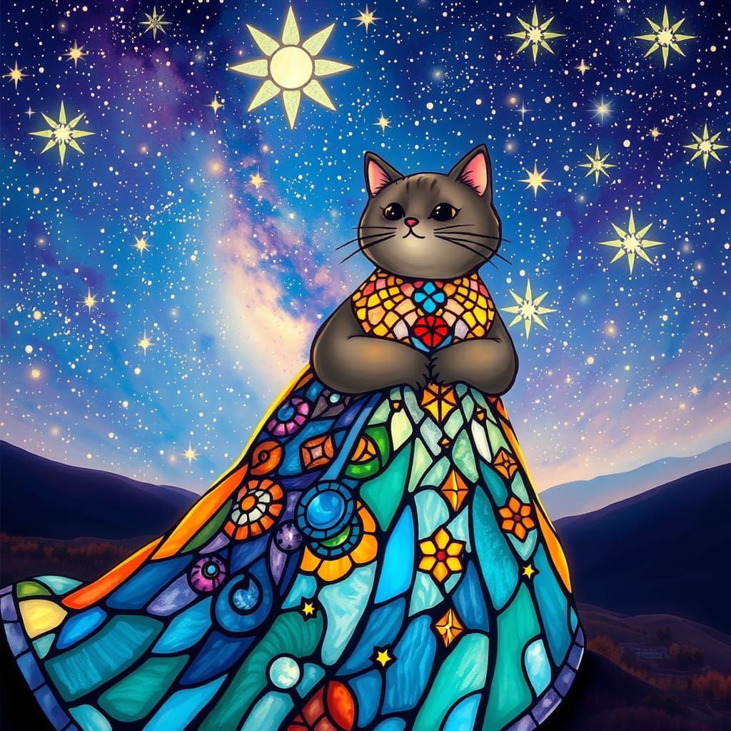 Pusheen in Stained Glass Gown Under Starry Sky