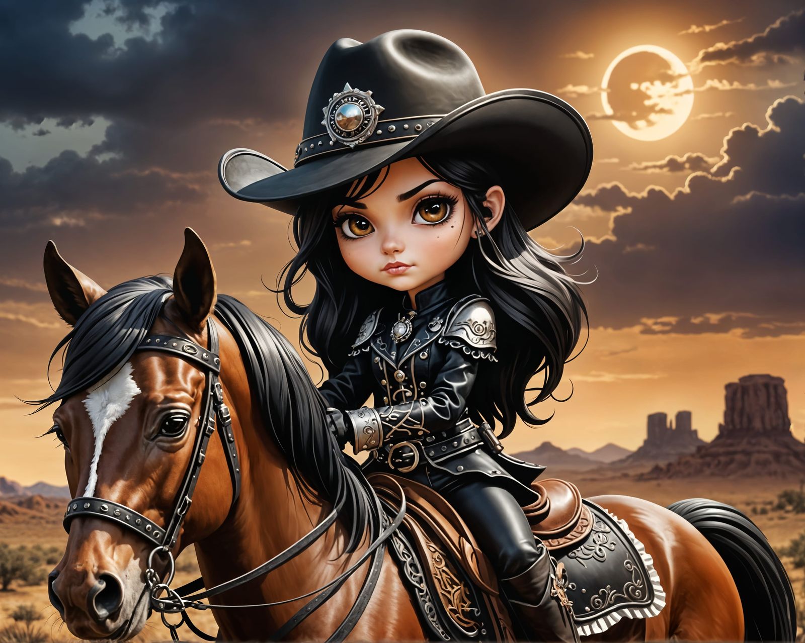 Chibi Goth Cowgirl Portrait on Horse