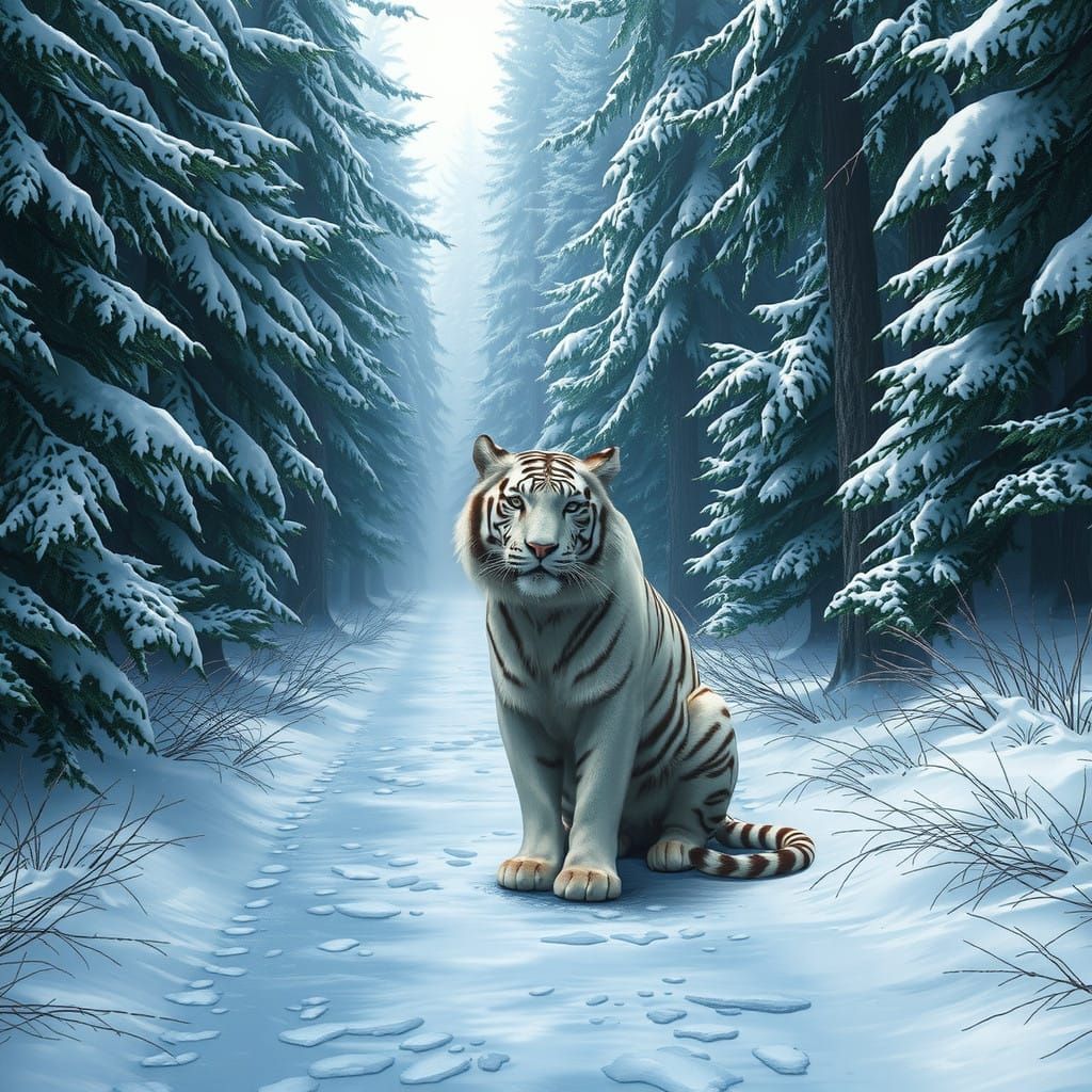 Realistic Winter Tiger in Snowy Forest Landscape