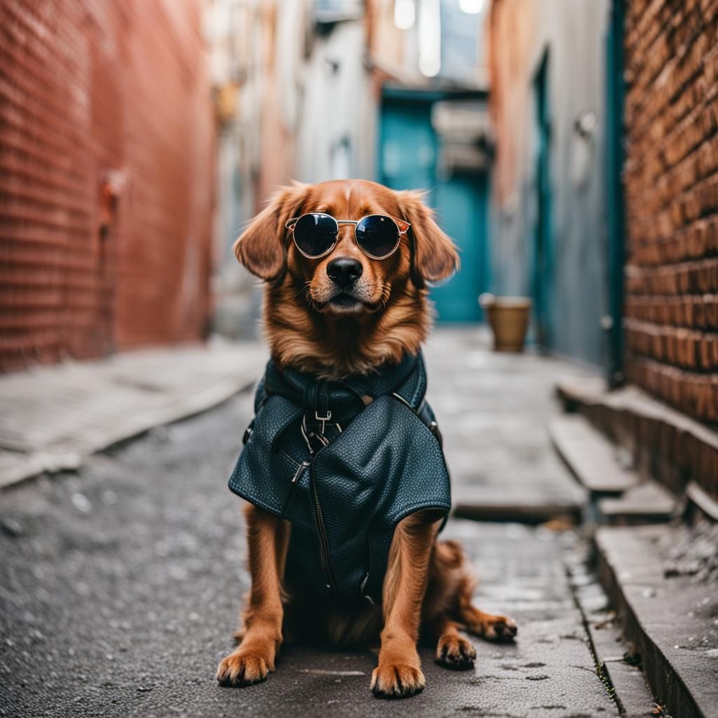 Dog with Sunglasses in Urban Alleyway