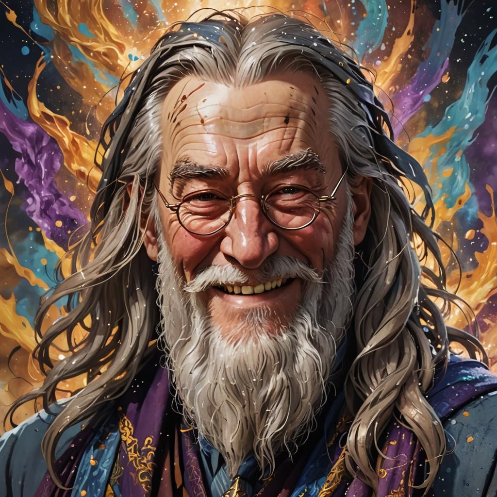 Hyperrealistic Dumbledore Portrait with Colorful Background