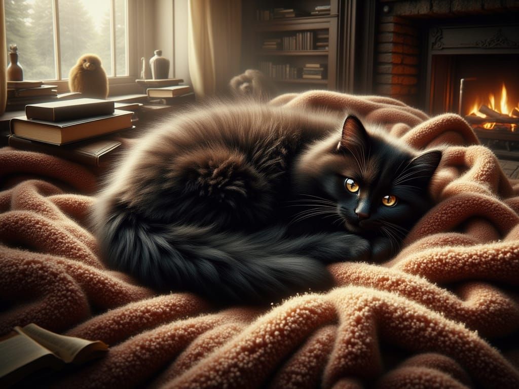 Cozy Persian Cat in Sunbeam by Fireplace