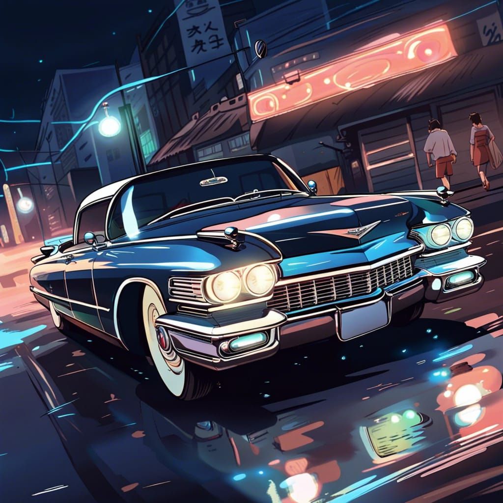1959 Cadillac Eldorado in Anime Style at Night