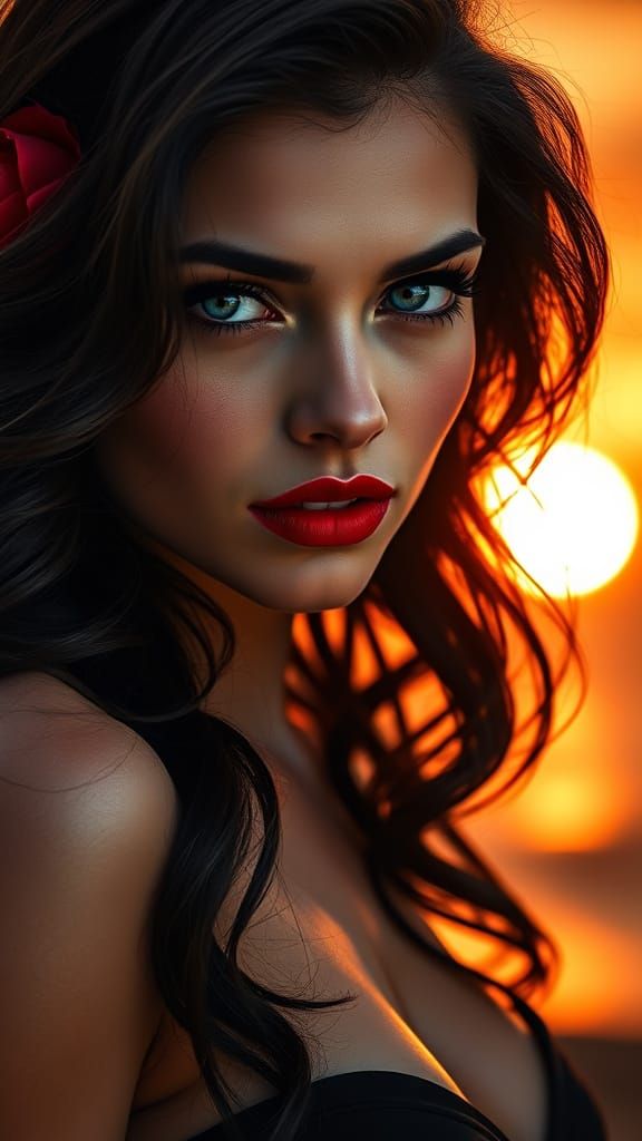 Dramatic Portrait of Woman with Blue Eyes and Red Rose