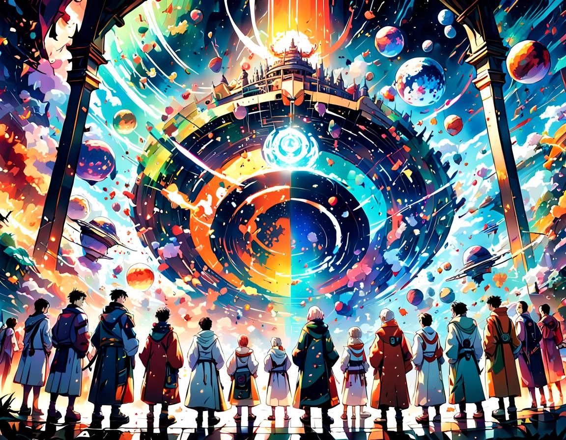 Anime Illustration of Figures Under Planetary Arc