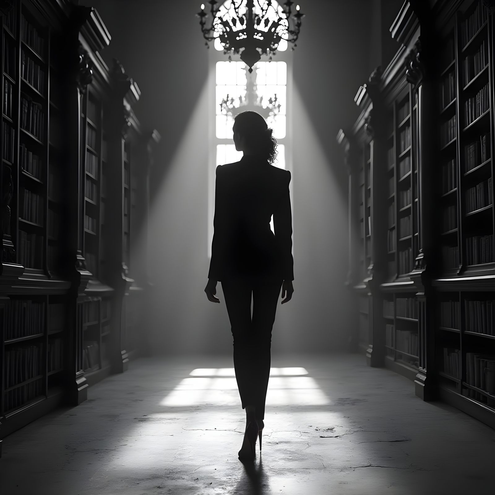 Woman in Crimson Heels in Abandoned Library
