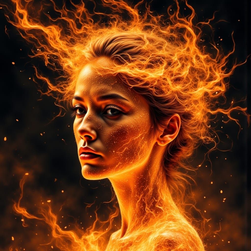 Fiery Woman Portrait in Flowing Fabric Ink Wash Style