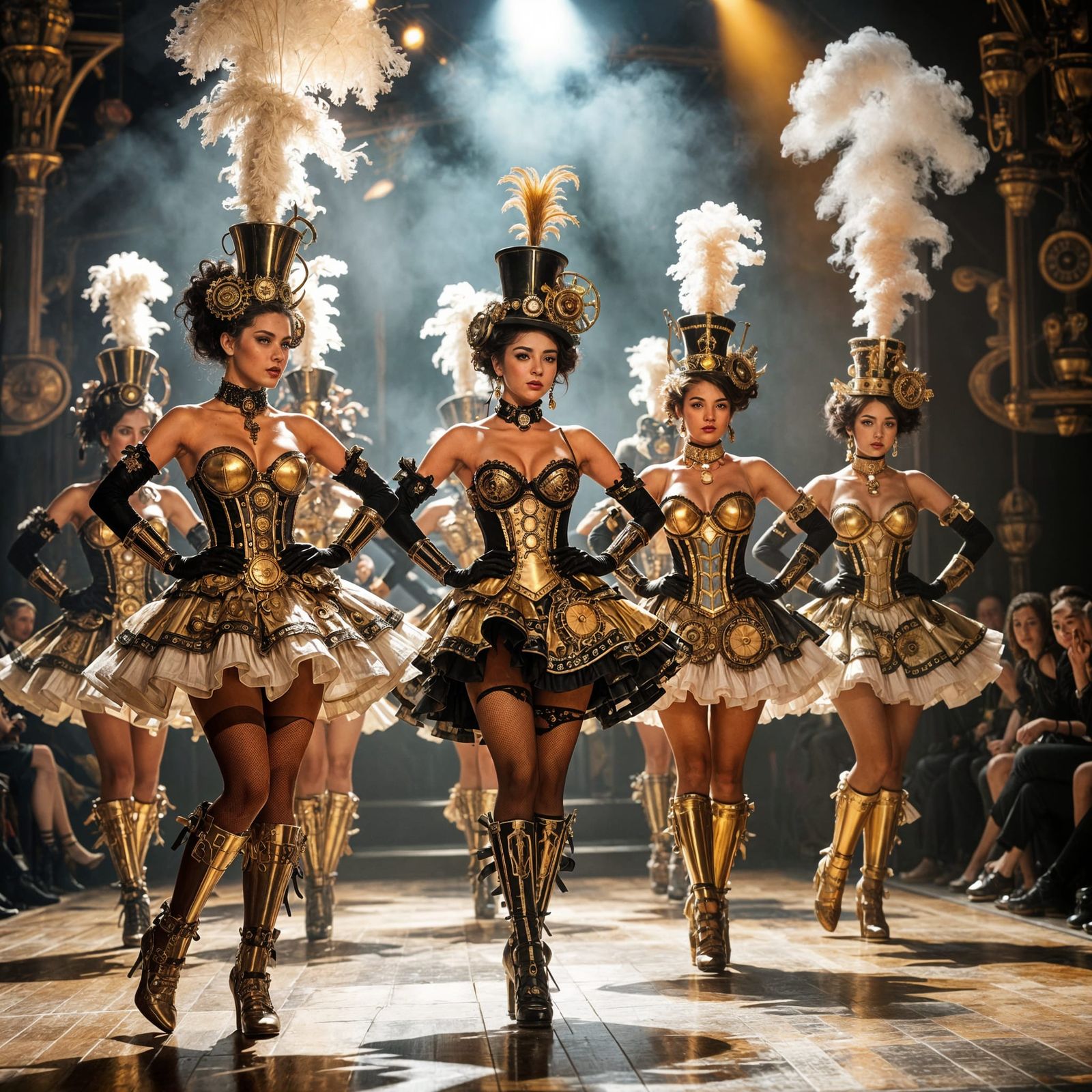 Steampunk Showgirls Mid Can-Can on Clockwork Stage