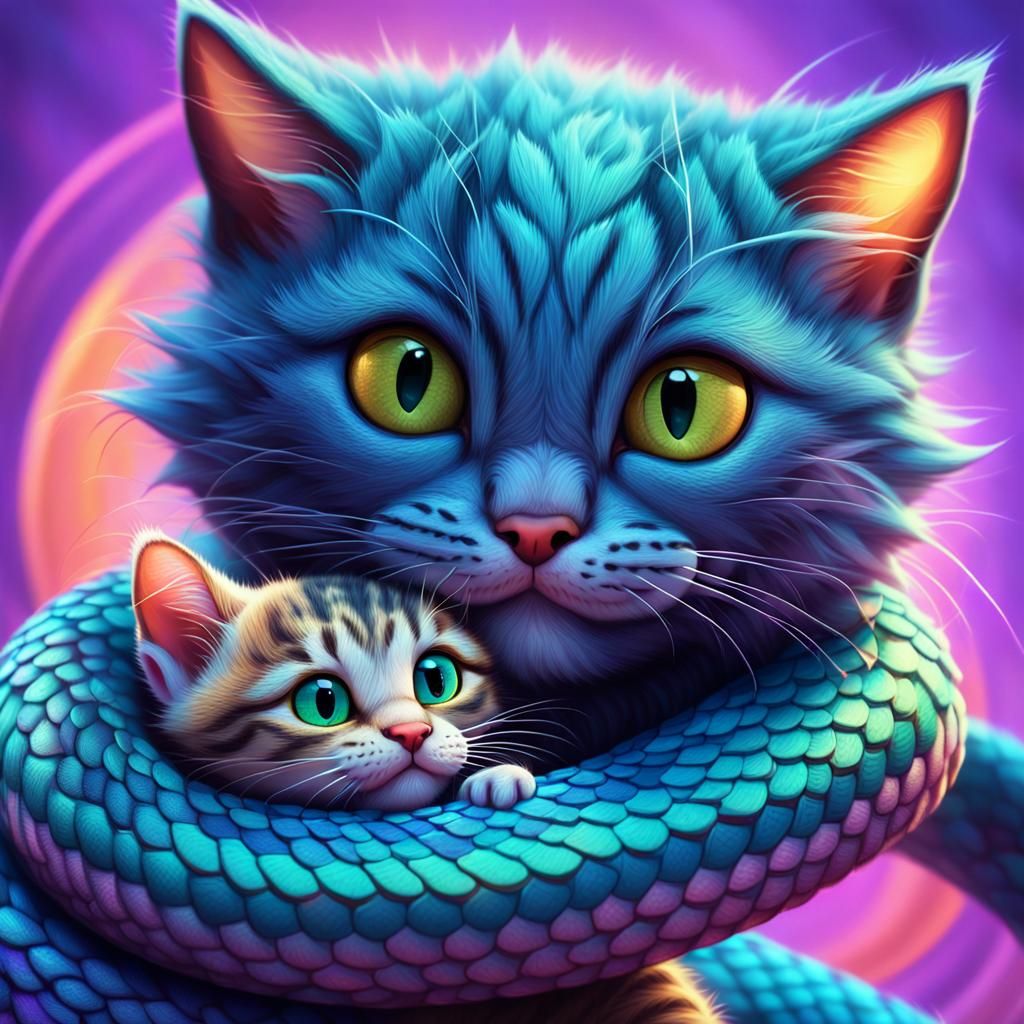 Kitten and Snake Stare in Pixar-Style 3D Art