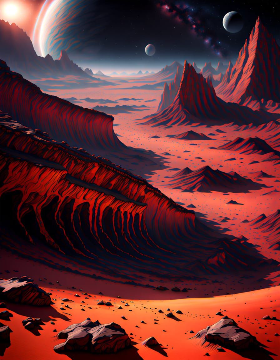 Giant Scar on Red Planet Surface in Digital Matte Painting S...