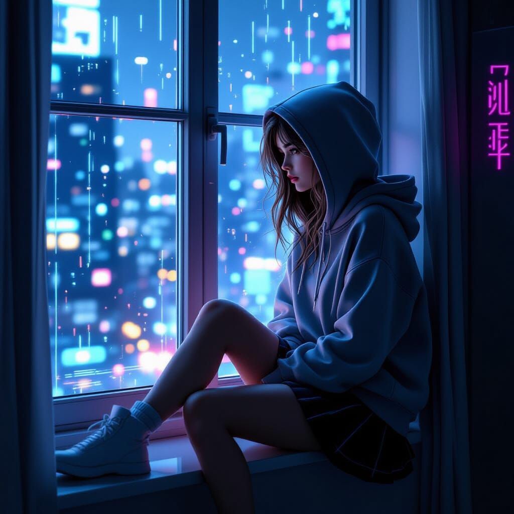 Girl on Windowsill Gazing at Future in Cyberpunk Style