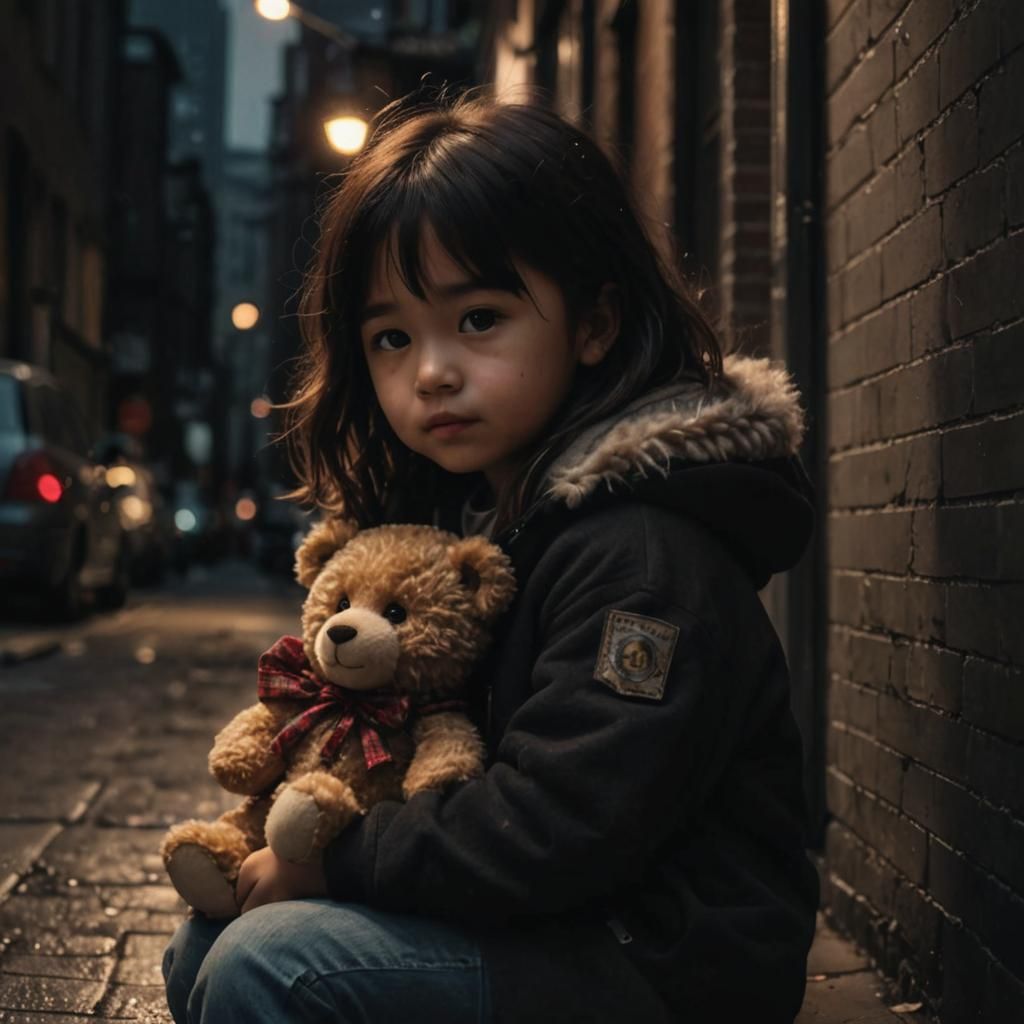Teddy Bear and Toddler in City Alleyway