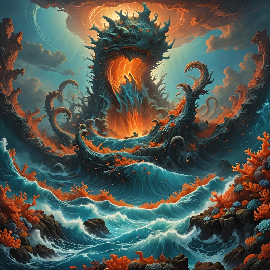 Leviathan Rising from Coral Reef, Dark Surrealist Style