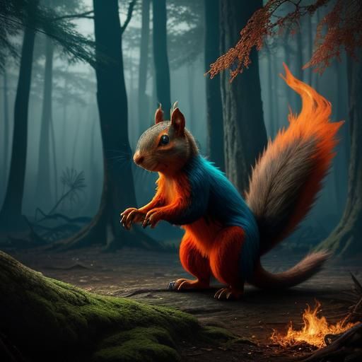 Fire-Breathing Squirrel in Mystical Forest, Matte Painting