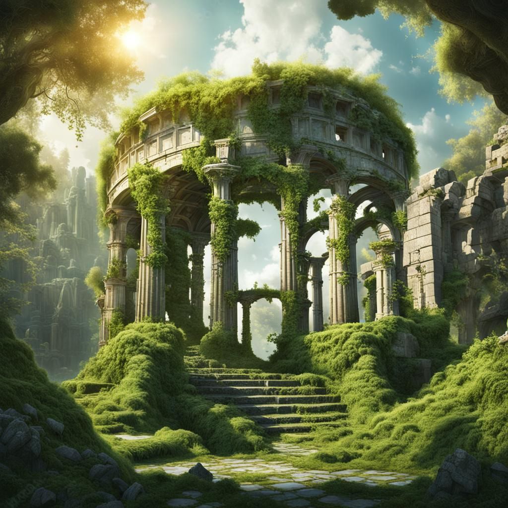 Futuristic Ancient Greek Ruins with Steampunk Engine