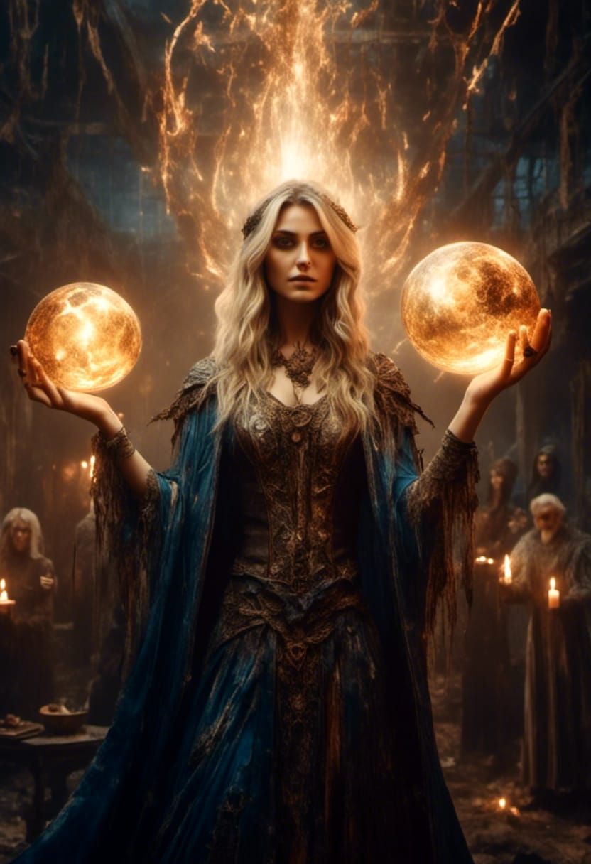 Sorceress Casting Light Sphere with Assistants