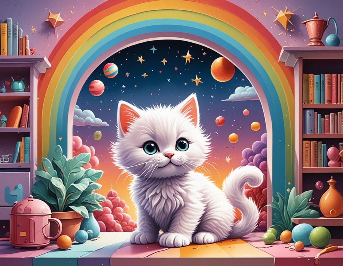 Kitten Astronaut and Rainbow Portal, Airbrush Art