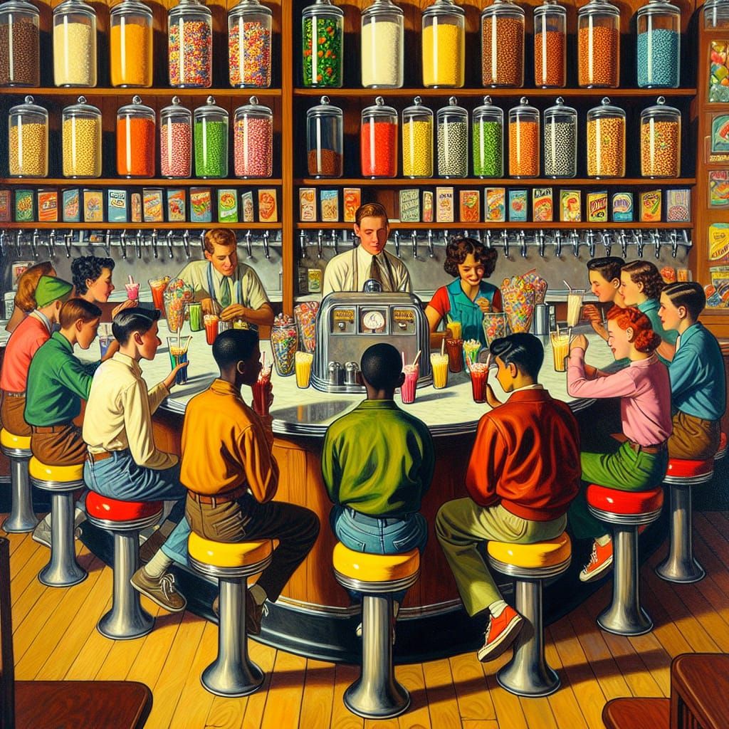 Nostalgic 1930s Soda Fountain in Impressionist Style
