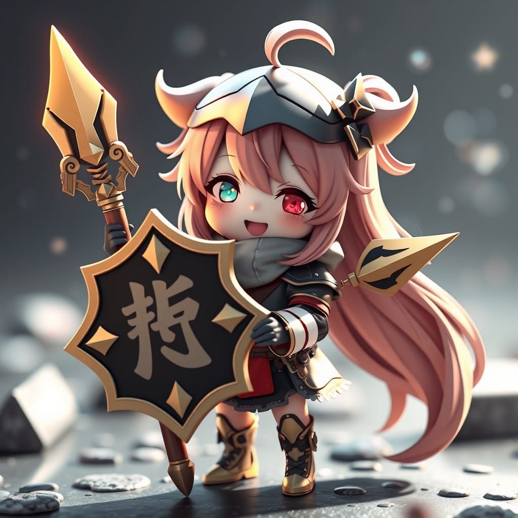 Chibi Warrior Holds Thank You Sign in Anime Style