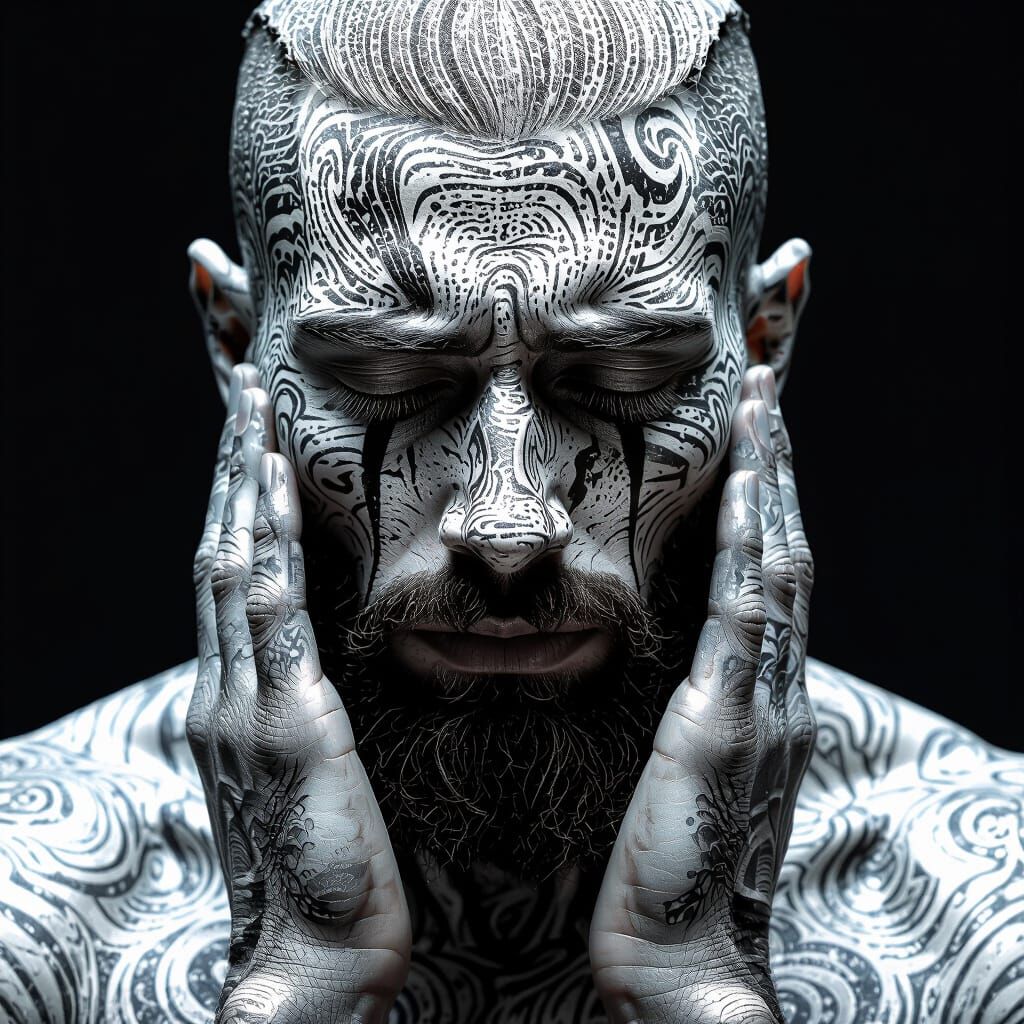 Damascus Steel Humanoid Portrait in Chiaroscuro Style